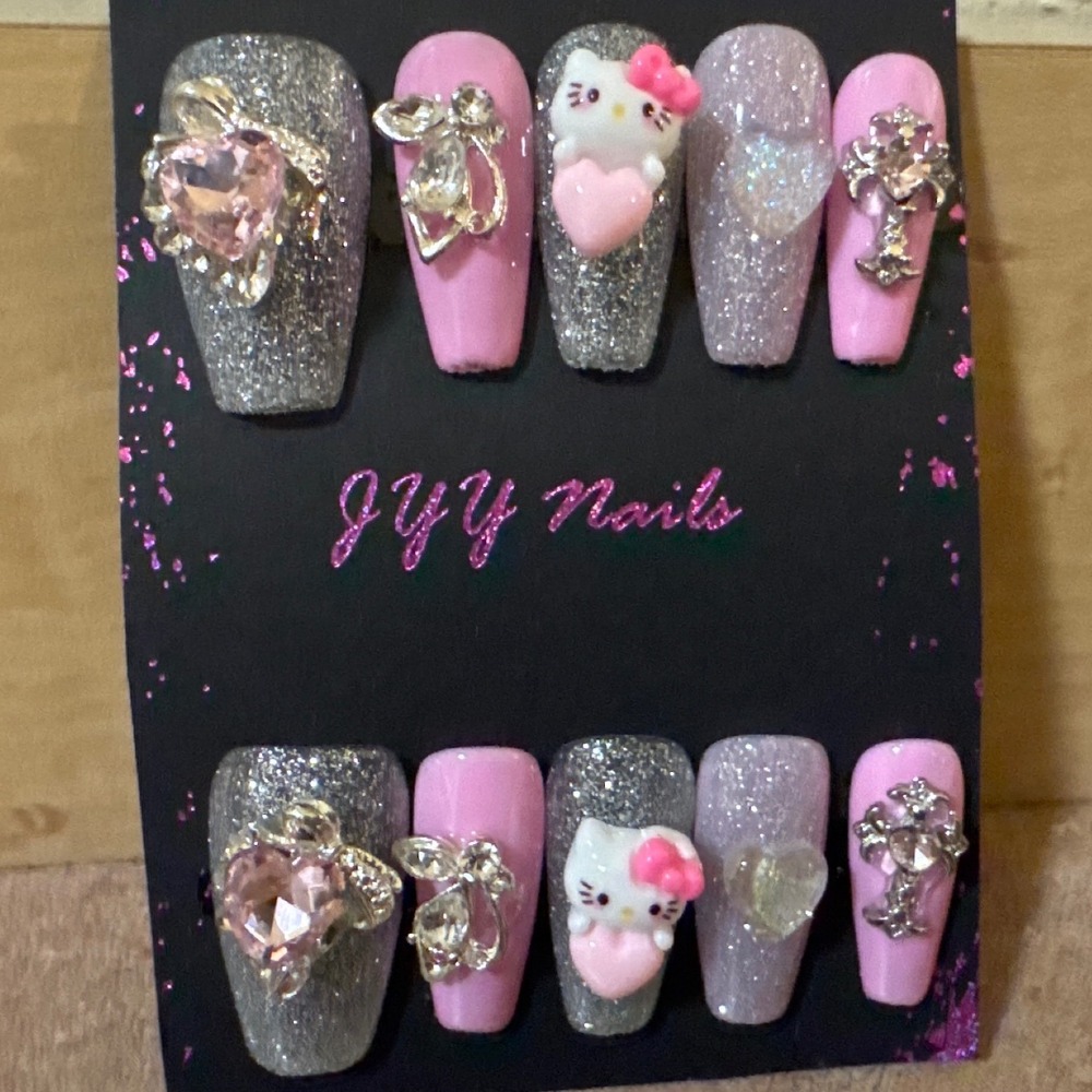 Hello Kitty Press On Nails Pink Silver Glitter 3D Charms Coffin Long